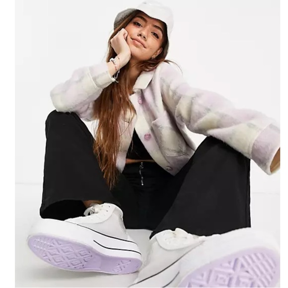 ✨NWT Hollister ASOS Lavender Cream Plaid Shacket Coat Shaggy Relaxed Streetwear - Picture 4 of 14